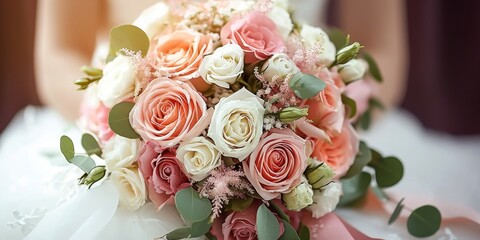 Selective focus on the bride s morning details wedding bouquet with roses and other flowers in the interior, Generative AI