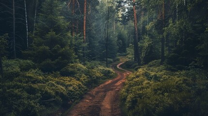 A dirt road winds through a dense forest with tall trees and green underbrush. - Powered by Adobe