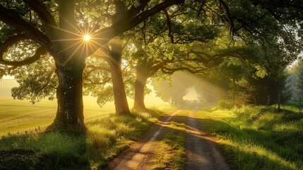 A dirt road surrounded by grass and trees with the sun shining through the trees.
