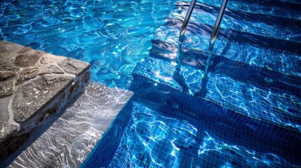 Swimming pool ladder partially submerged, detailed water ripples around the steps, glistening surface, and blue tiles