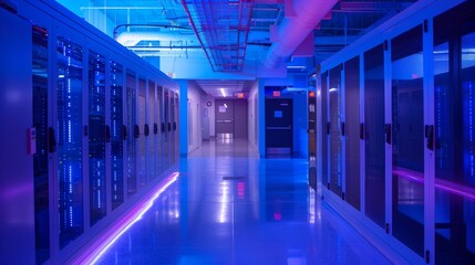 State-of-the-art compact data center, high-tech network hardware, secure facility with access control, ambient blue lighting