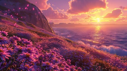 A field of flowers on a hillside overlooking the ocean during sunset.