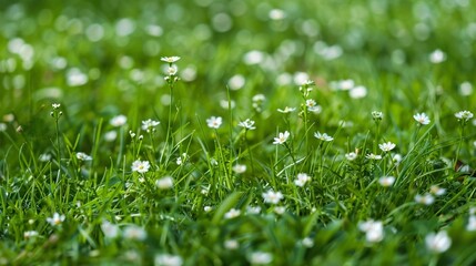 a field of green grass with small white flowers scattered throughout. - Powered by Adobe