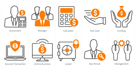 A set of 10 business and office icons as accountant, manager, calculator