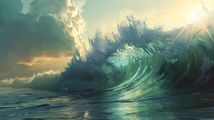 A giant wave crashes in the ocean, reflecting the sunlight.