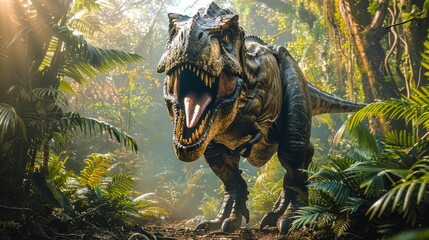 A towering Tyrannosaurus rex roams a lush, primeval jungle, its razor-sharp teeth glinting in the sunlight.