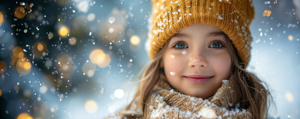 Girl is happy about white Christmas, first snow, bokeh, natural joy, yellow, blond hair, knit hat, scarf, place for text, copyspace, beautiful, big eyes, generative AI