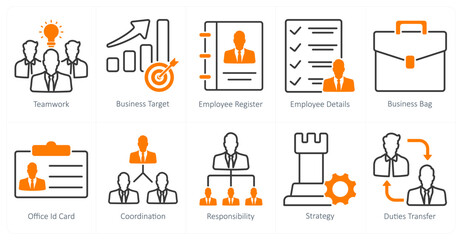 A set of 10 business and office icons as teamwork, business target, employee register