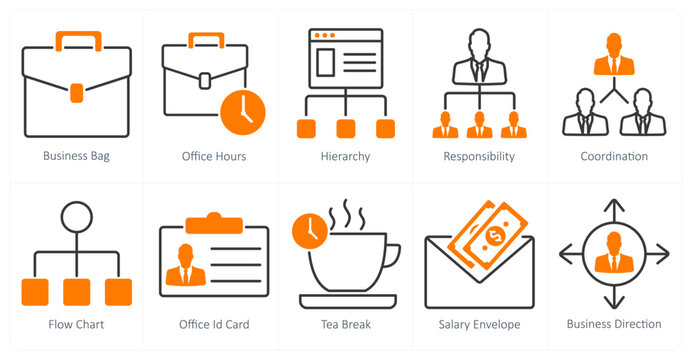 A set of 10 business and office icons as business bag, office hours, hierarchy