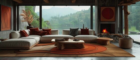 Modern Rustic Living Room Interior with Natural Elements and Cozy Ambiance