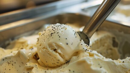 Creamy vanilla bean ice cream with visible black specks, scooped and ready to serve, showcasing its rich texture and flavor