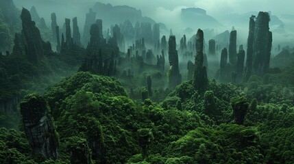 A lush green forest with tall rock formations jutting out of the ground. - Powered by Adobe