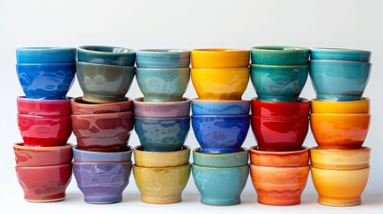 Playful arrangement of colorful ceramic cups in a cascading pattern, isolated background, studio lighting