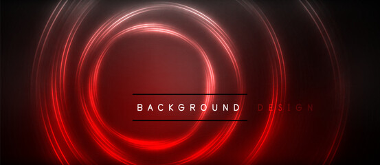 Neon glowing circle rays, light round lines in the dark, planet style neon wave lines. Energetic electric concept design for wallpaper, banner, background