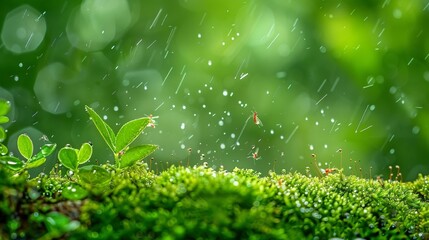 A mossy surface with water droplets, some small red bugs, and a blurry green background. - Powered by Adobe