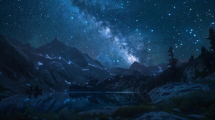 A mountain lake at night under a sky full of stars and the milky way.