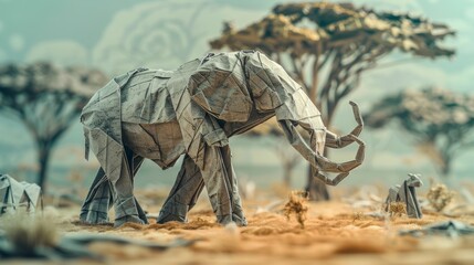 Fototapeta premium Origami mammoth in a barren African landscape, surrounded by faded origami trees and animals, representing the consequences of extinction