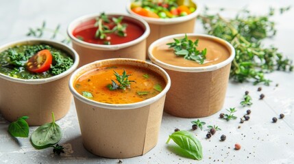 Organic soups in biodegradable paper cups, garnished with fresh herbs, isolated background, studio lighting
