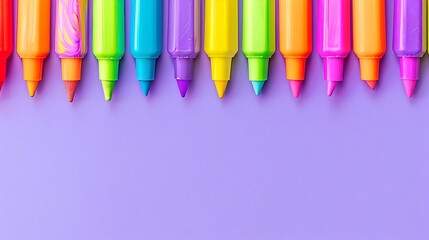 Highlighters Vibrantly Occupying the Edge of a Minimalist Lavender Background Conveying a Carnival