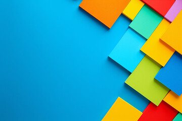 Brightly colored paper sheets overlapping each other on a blue background creating a vibrant pattern