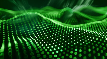 A green, fuzzy, and blurry image of a wave. The image is full of dots and he is a computer-generated image. Scene is somewhat eerie and mysterious