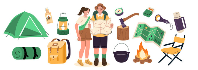 Camping stickers set. Characters preparing to camping and taking tent, lantern and other outdoor gear. Summer activity concept. Vector illustration.