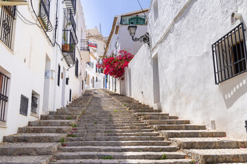 Photo taken in the city of Altea in Spain showing typical Spanish steps with a beautiful red flowering bush and tree hanging over the stairs in the Spanish town