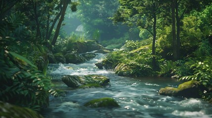 A river flows through a dense forest, surrounded by trees and rocks.