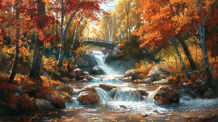 A river flows through a forest with a small waterfall and an old bridge in the background. The scene is colorful with orange, red, and yellow leaves on the trees.