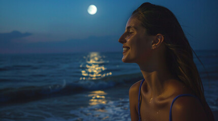 Smiling attractive woman walking along the beach at night against the backdrop of moonlight