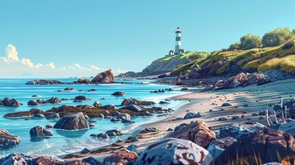 A rocky beach with a blue ocean, a lighthouse on a hill in the distance, and a clear sky above.
