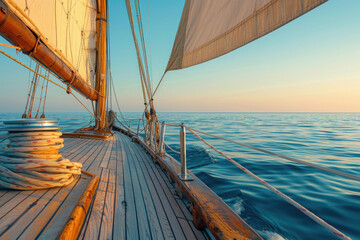 Sailboat with wooden deck, mast, and ropes against a calm sea and clear sky