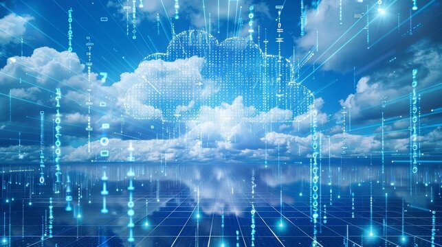 A network of interconnected devices each receiving its own unique data shower from the binary code clouds above.