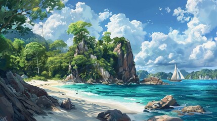 A rocky island with lush green trees overlooks a white sandy beach and clear blue waters. A boat sails in the distance, and the sky is filled with fluffy white clouds. - Powered by Adobe