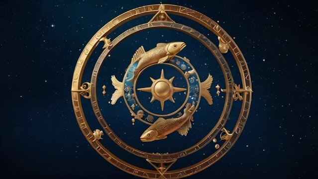 Zodiac sign Pisces golden on a dark background