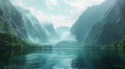 A serene body of water between tall mountains. - Powered by Adobe