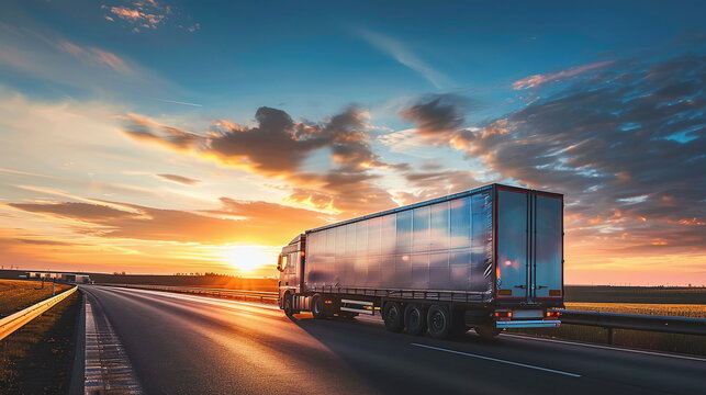 A truck with a trailer drives along the highway against the backdrop of the sunset