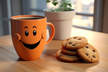 Orange cup with a smile and smiling cookie on a wooden table isolated on blurred background. - Powered by Adobe