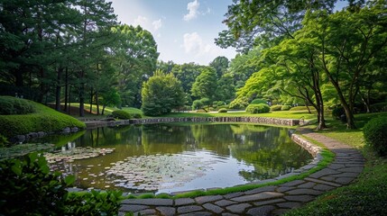 A serene pond surrounded by trees and a paved walkway.