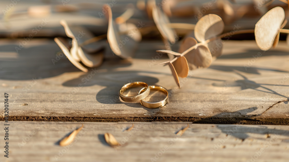 Wall mural Eternal Love, Romantic Wedding Ring Celebration with Two Gold Rings. Generative Ai