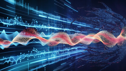 Structured database. Abstract digital wave particle. Digital music background. Sound vibrations. Futuristic dotted wave. Big data analytics. 3D illustration of nano particles in cyberspace