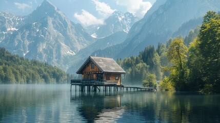 A small wooden house sits on stilts in a lake, with forested mountains in the background. - Powered by Adobe