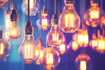 Multiple lightbulbs glowing warmly against a dark background creating a vibrant atmosphere