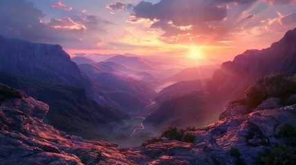 A sun setting over a mountain valley, as seen from a rocky outcropping - Powered by Adobe
