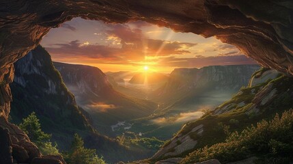 A sun setting over a mountain valley, as seen from a rocky outcropping - Powered by Adobe