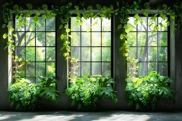 Sunlit room with large windows and lush plants, creating a bright and inviting indoor garden space perfect for relaxation and enjoying nature indoors