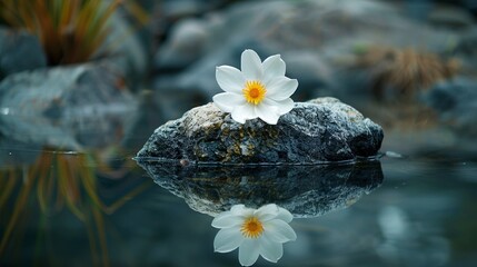 A white flower with a yellow center sits on a rock in a pond. The flower is reflected in the still...