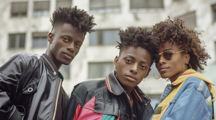Portrait of group of black young people in retro 90s clothes and haircuts, photo of friends in...