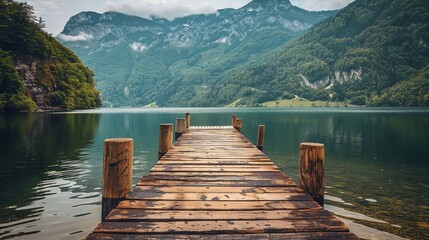 A wooden dock sits in a lake surrounded by mountains.
