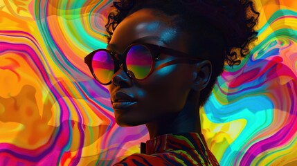 Portrait of retro black woman in sunglasses and vivid jacket with visual distortion effect on...